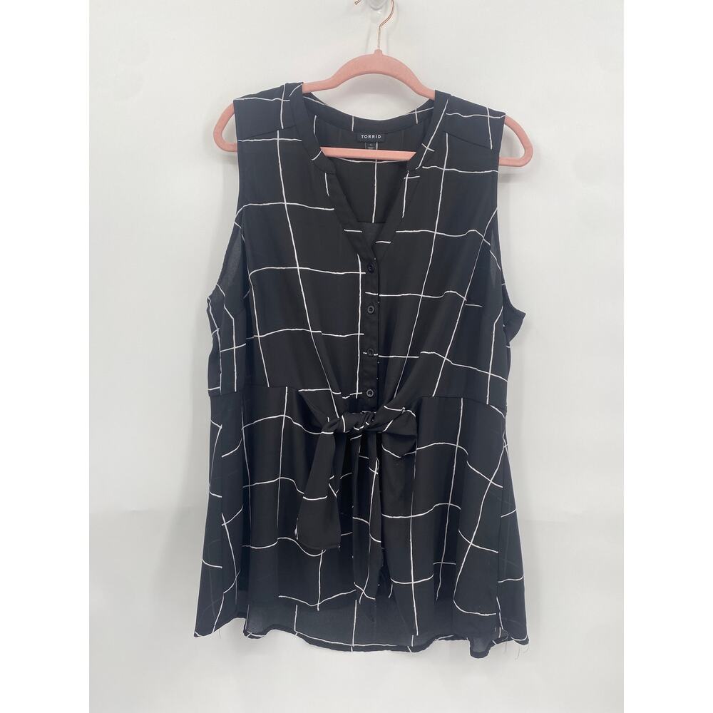Torrid Peplum Black Georgette Grid Pattern Buttonfront Tiefront Tank Blouse 1